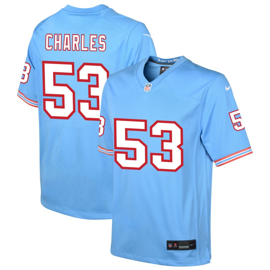 Saahdiq Charles Youth Nike Light Blue Tennessee Titans Oilers Throwback Custom Game Jersey