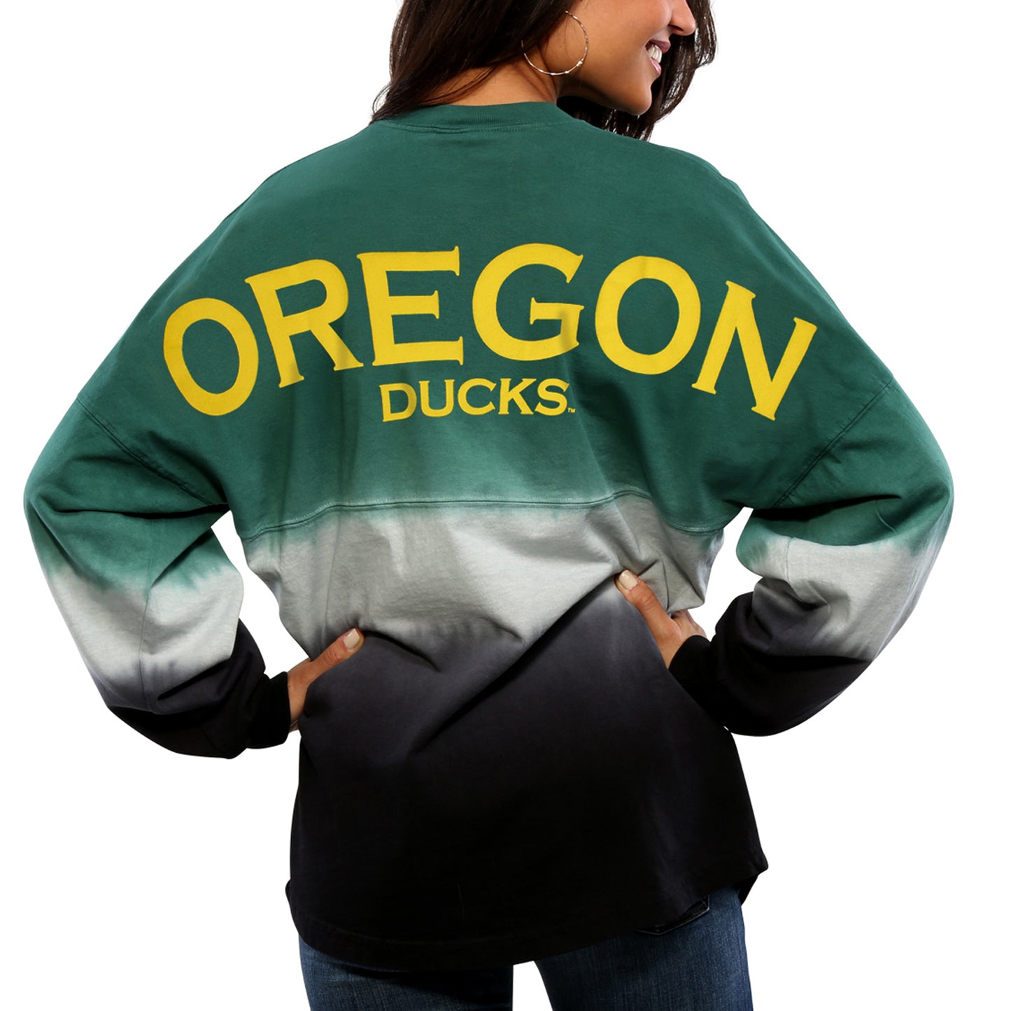 Women's Green Oregon Ducks Ombre Long Sleeve Dip-Dyed Spirit Jersey