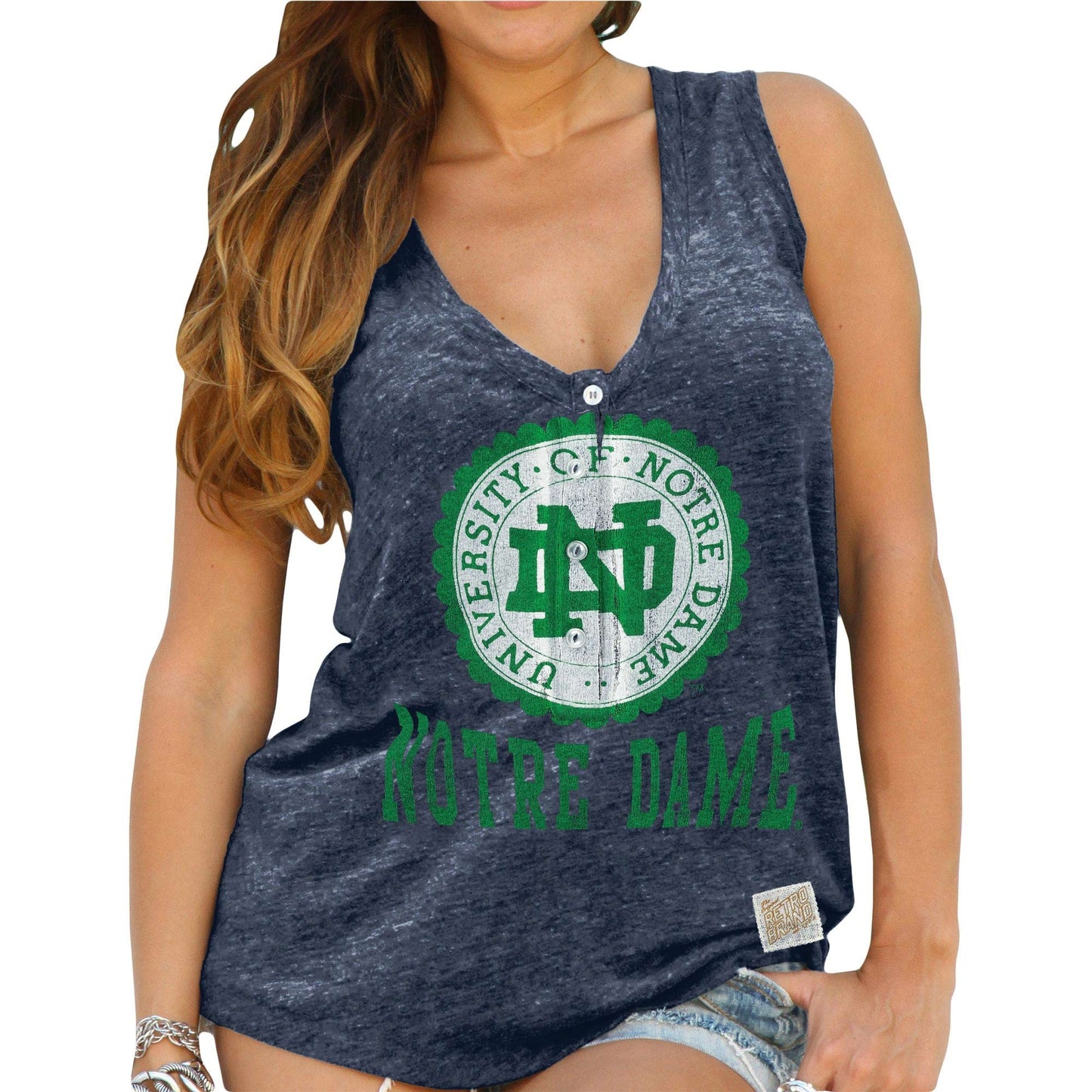 Women's Original Retro Brand Navy Notre Dame Fighting Irish Relaxed Henley V-Neck Tri-Blend Tank Top