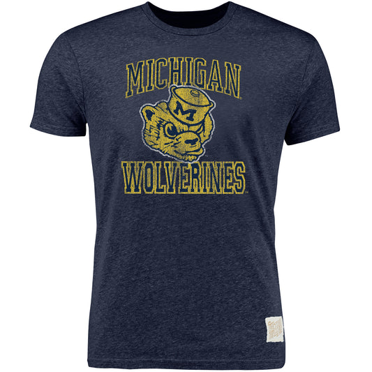 Men's Original Retro Brand Heather Navy Michigan Wolverines Vintage Wolverbear Tri-Blend T-Shirt