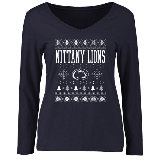 Women's Navy Penn State Nittany Lions Ugly Christmas Sweater Long Sleeve T-Shirt