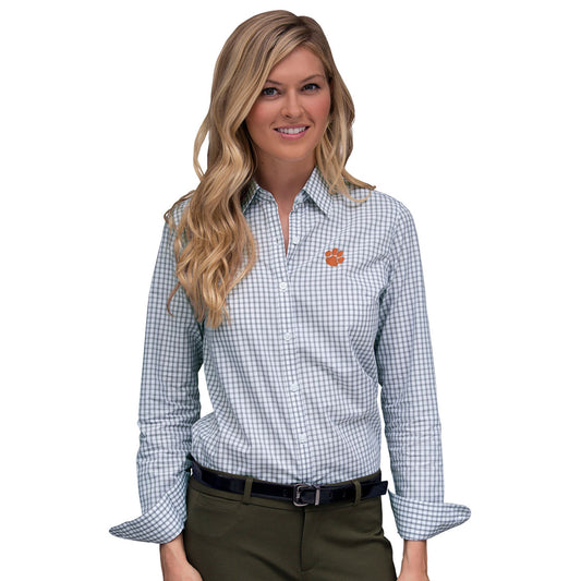 Women's White/Gray Clemson Tigers Easy Care Gingham Button-Up Long Sleeve Shirt