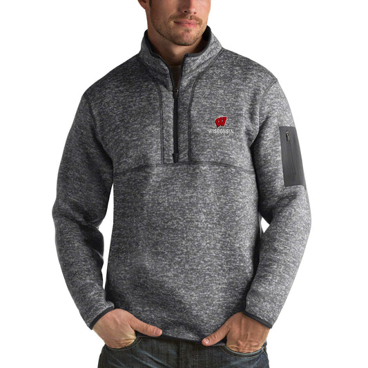 Men's Antigua Charcoal Wisconsin Badgers Fortune Half-Zip Sweatshirt