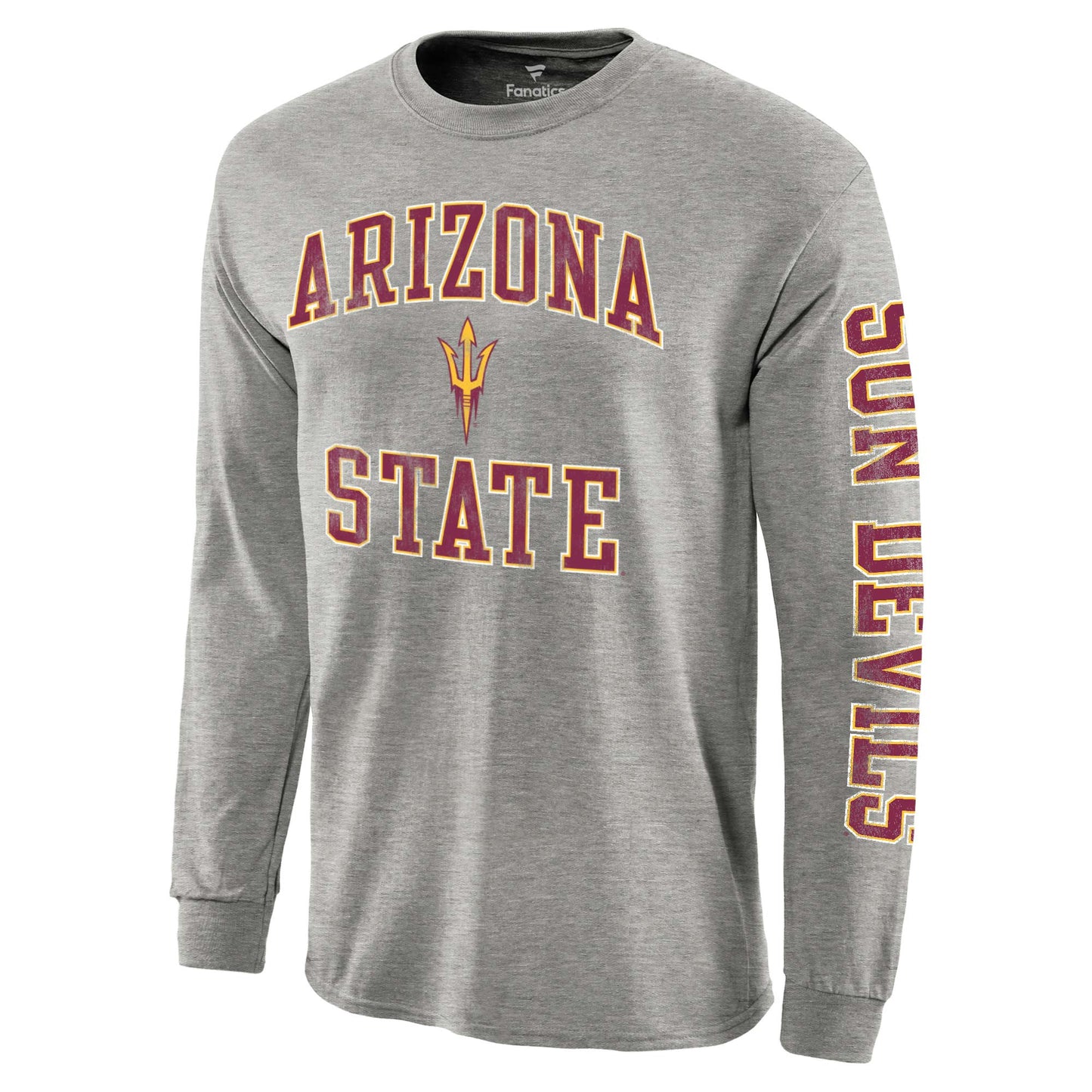 Men's Fanatics Gray Arizona State Sun Devils Distressed Arch Over Logo Long Sleeve Hit T-Shirt