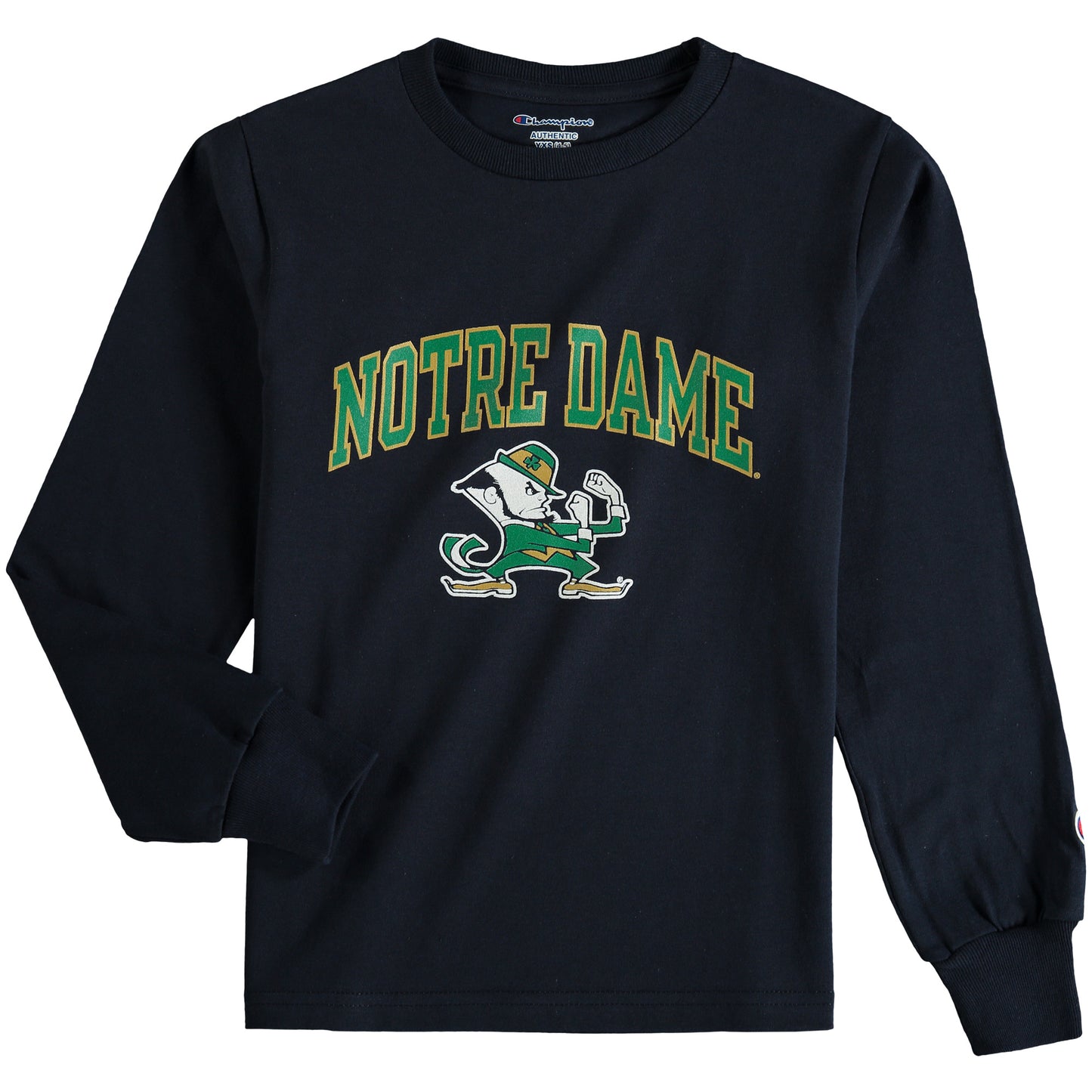 Youth Champion Navy Notre Dame Fighting Irish Arch Logo Mascot Long Sleeve T-Shirt