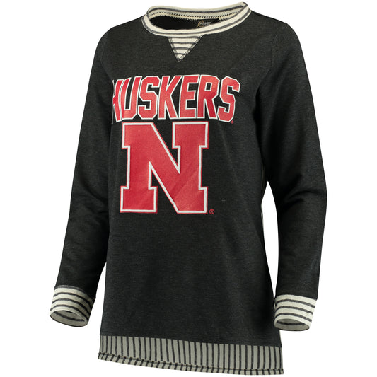 Women's Heathered Charcoal Nebraska Huskers Striped Panel Oversized Long Sleeve Tri-Blend Tunic Shirt