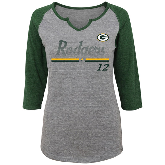 Women's Juniors Aaron Rodgers Heathered Gray/Green Green Bay Packers Over the Line Player Name & Number Tri-Blend 3/4-Sleeve V-Notch T-Shirt