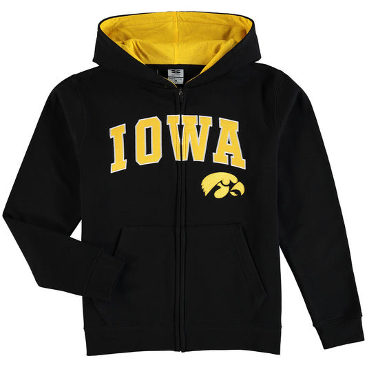 Youth Black Iowa Hawkeyes Applique Arch & Logo Full-Zip Hoodie