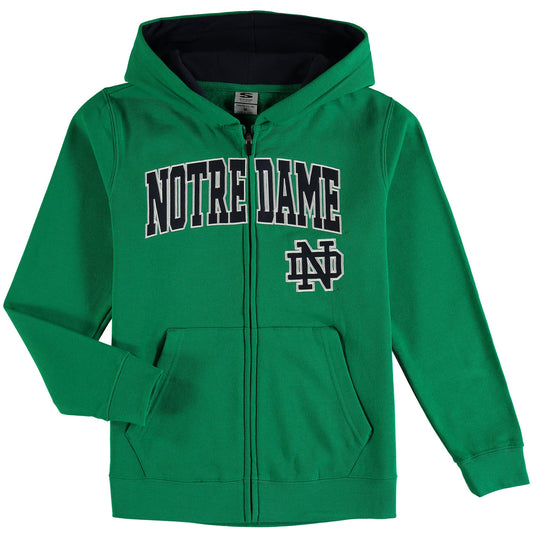 Youth Kelly Green Notre Dame Fighting Irish Applique Arch & Logo Full-Zip Hoodie