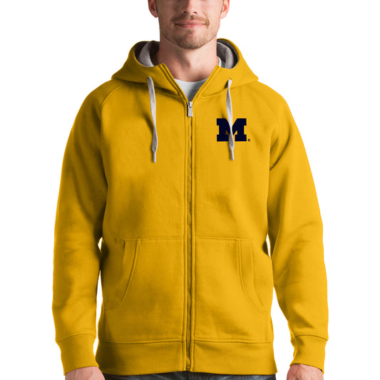 Men's Antigua Gold Michigan Wolverines Victory Full-Zip Hoodie