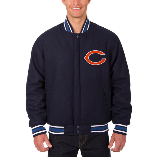 Men's JH Design Navy Chicago Bears Wool Reversible Jacket with Embroidered Logos