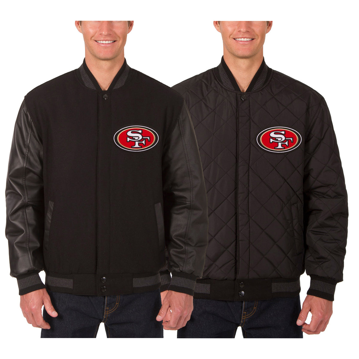 Men's JH Design Black San Francisco 49ers Wool & Leather Reversible Jacket with Embroidered Logos