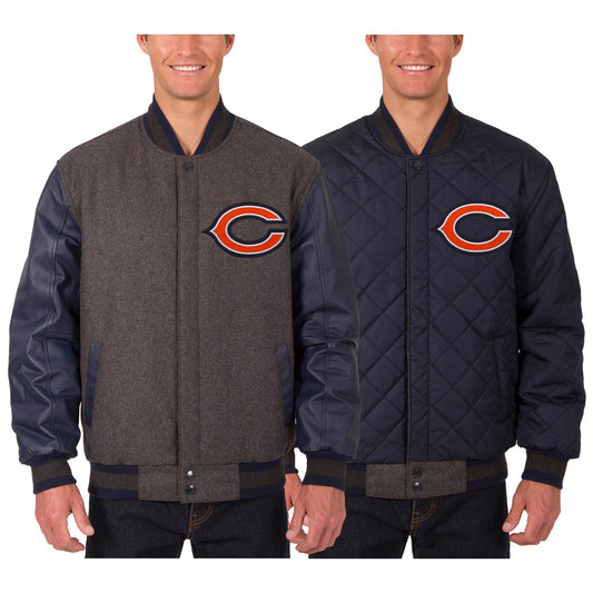 Men's JH Design Charcoal Chicago Bears Wool & Leather Reversible Jacket with Embroidered Logos