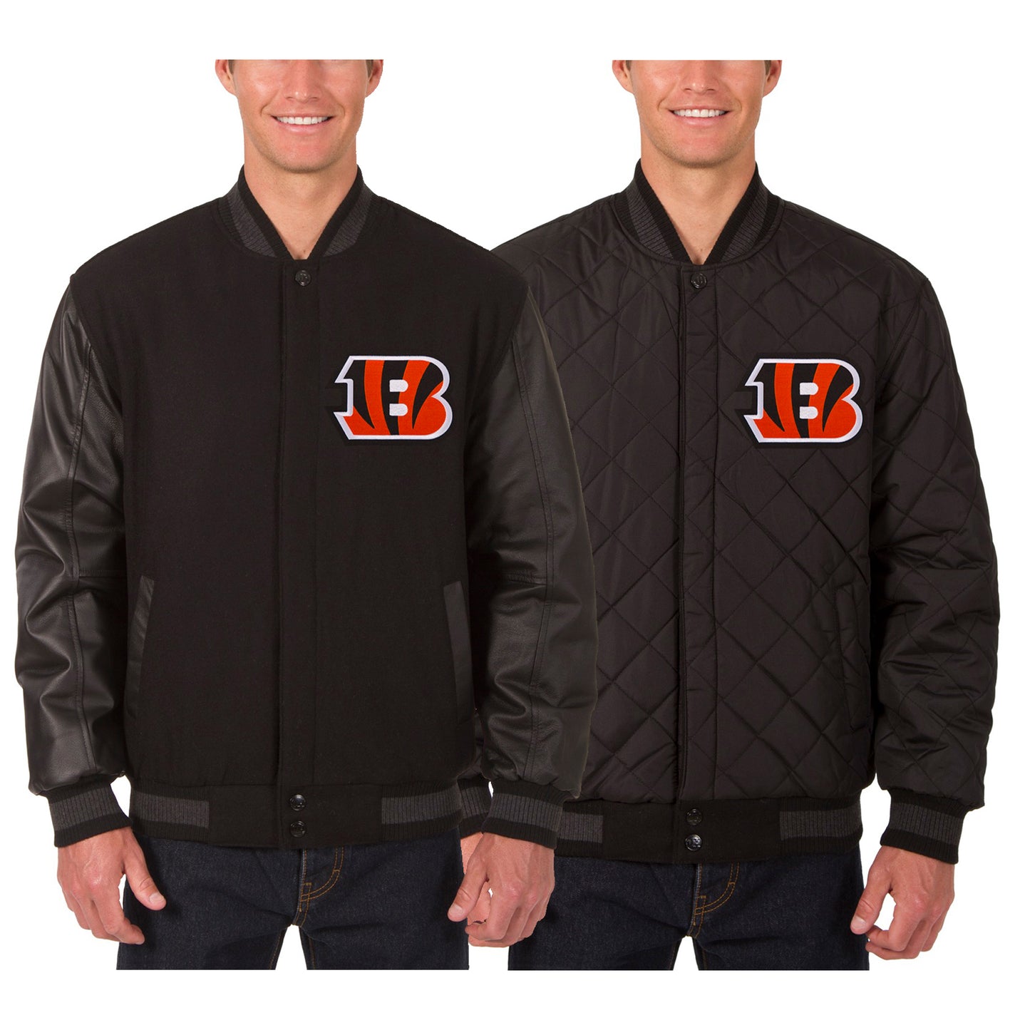 Men's JH Design Black Cincinnati Bengals Wool & Leather Reversible Jacket with Embroidered Logos