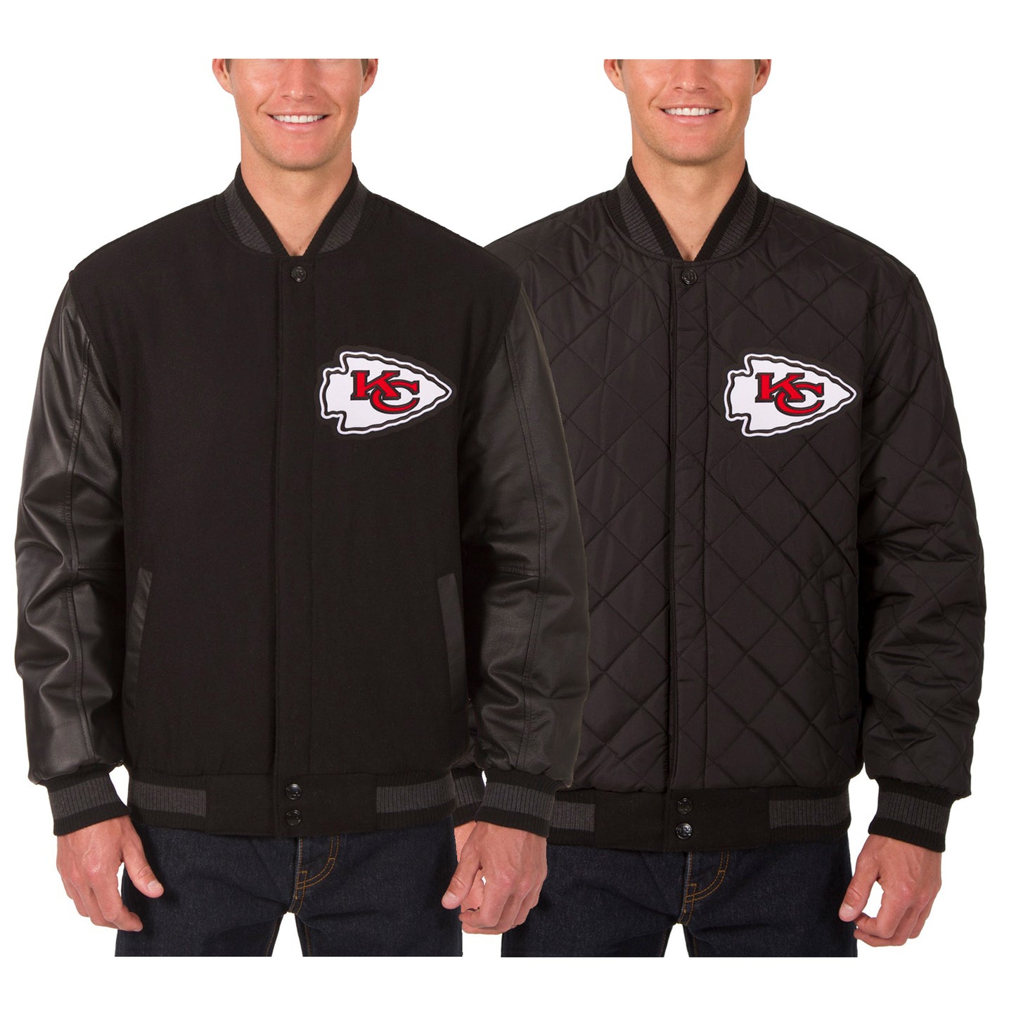 Men's JH Design Black Kansas City Chiefs Wool & Leather Reversible Jacket with Embroidered Logos