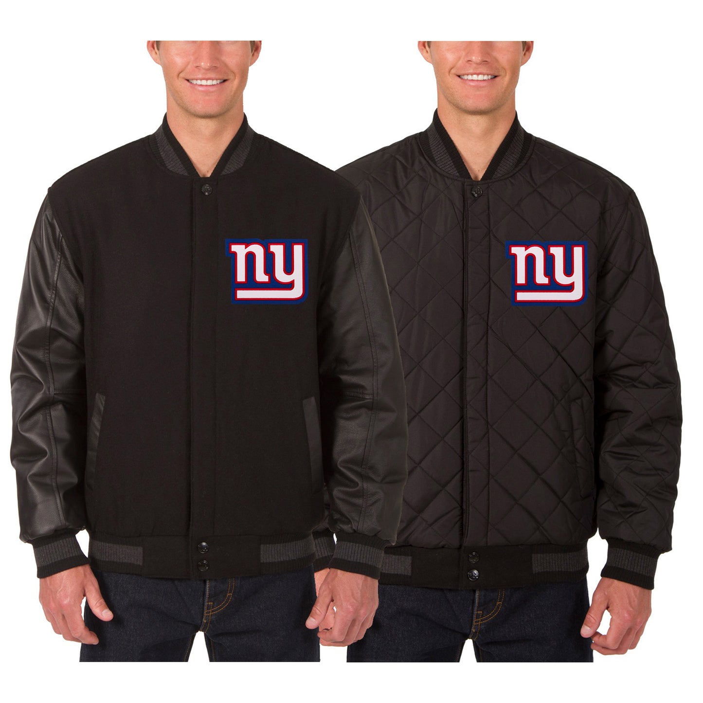 Men's JH Design Black New York Giants Wool & Leather Reversible Jacket with Embroidered Logos