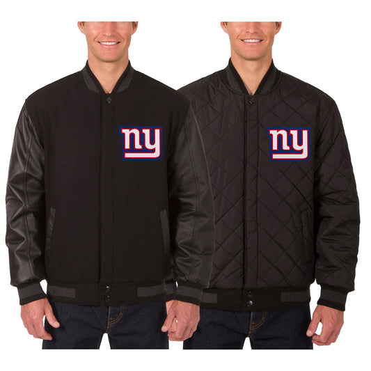 Men's JH Design Black New York Giants Wool & Leather Reversible Jacket with Embroidered Logos