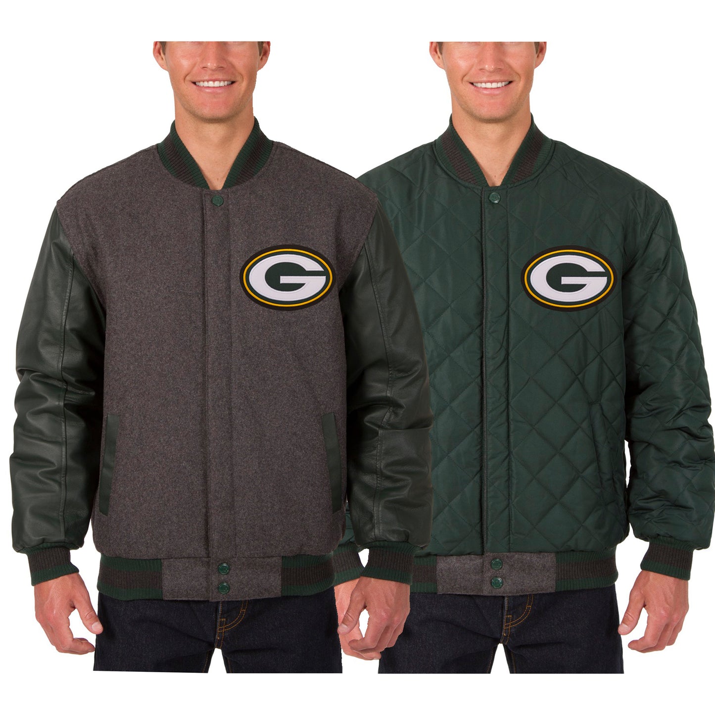 Men's JH Design Black Green Bay Packers Wool & Leather Reversible Jacket with Embroidered Logos