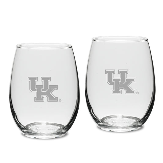 Kentucky Wildcats Set of 2 Deep Etched Engraved Stemless Wine Glasses