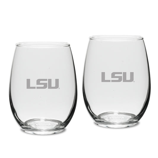 LSU Tigers Set of 2 Deep Etched Engraved Stemless Wine Glasses