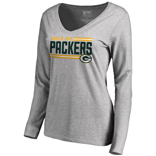 Women's NFL Pro Line Ash Green Bay Packers Iconic Collection On Side Stripe Long Sleeve V-Neck T-Shirt