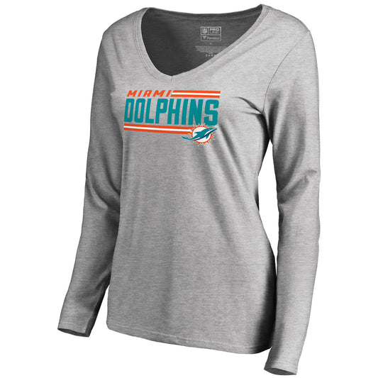 Women's NFL Pro Line Ash Miami Dolphins Iconic Collection On Side Stripe Long Sleeve V-Neck T-Shirt