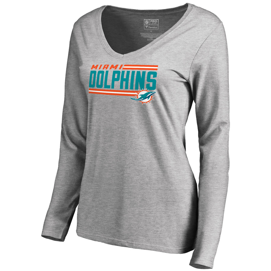 Women's NFL Pro Line Ash Miami Dolphins Iconic Collection On Side Stripe Long Sleeve V-Neck T-Shirt