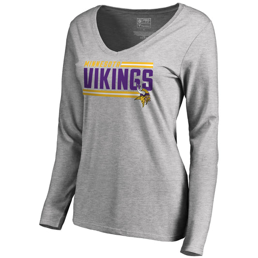 Women's NFL Pro Line Ash Minnesota Vikings Iconic Collection On Side Stripe Long Sleeve V-Neck T-Shirt