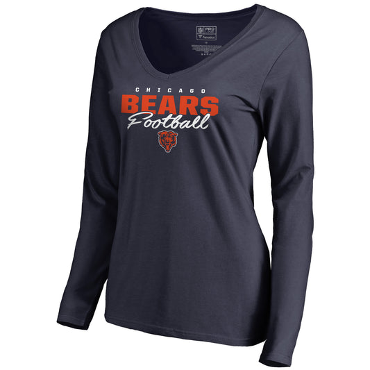 Women's NFL Pro Line Navy Chicago Bears Iconic Collection Script Assist Long Sleeve V-Neck T-Shirt