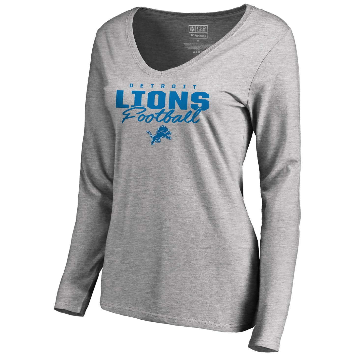 Women's NFL Pro Line Ash Detroit Lions Iconic Collection Script Assist Long Sleeve V-Neck T-Shirt