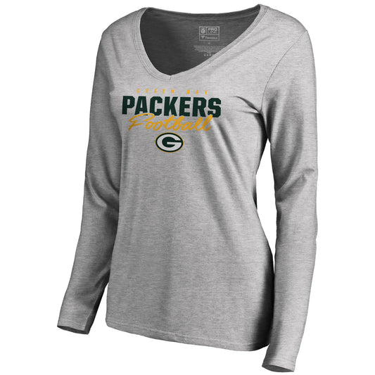 Women's NFL Pro Line Ash Green Bay Packers Iconic Collection Script Assist Long Sleeve V-Neck T-Shirt