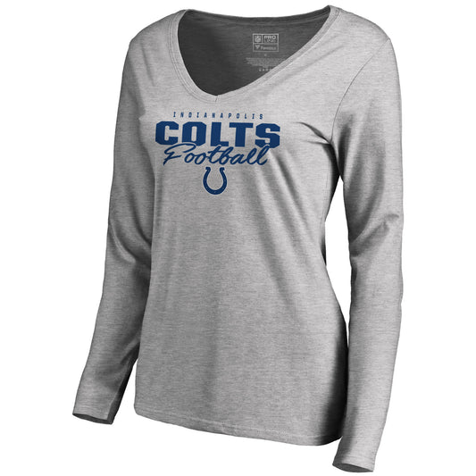 Women's NFL Pro Line Ash Indianapolis Colts Iconic Collection Script Assist Long Sleeve V-Neck T-Shirt