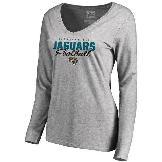 Women's NFL Pro Line Ash Jacksonville Jaguars Iconic Collection Script Assist Long Sleeve V-Neck T-Shirt