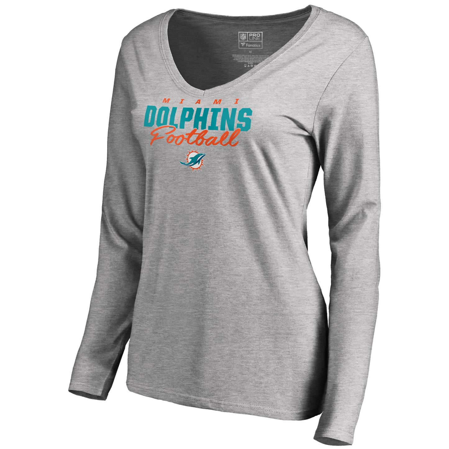 Women's NFL Pro Line Ash Miami Dolphins Iconic Collection Script Assist Long Sleeve V-Neck T-Shirt