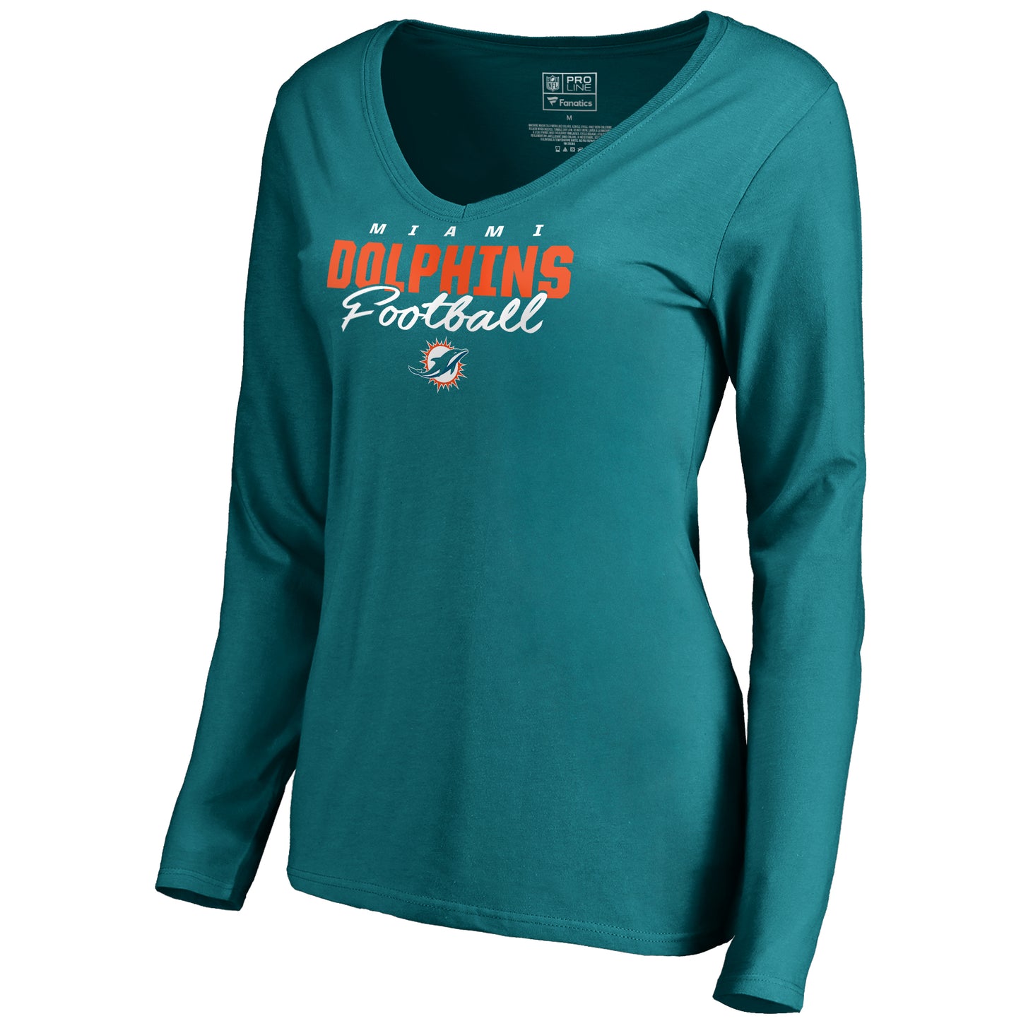 Women's NFL Pro Line Aqua Miami Dolphins Iconic Collection Script Assist Long Sleeve V-Neck T-Shirt