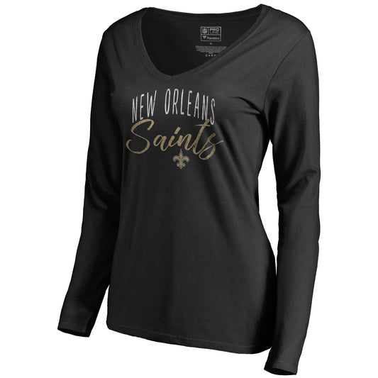 Women's NFL Pro Line Black New Orleans Saints Graceful Long Sleeve V-Neck T-Shirt