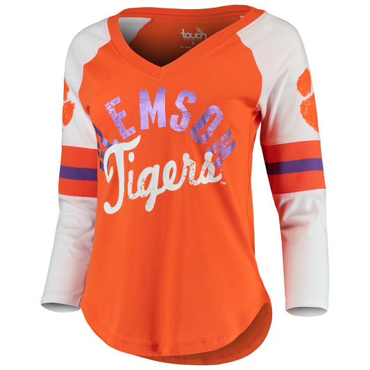 Women's Touch by Alyssa Milano Orange/White Clemson Tigers Reflex 3/4-Sleeve Raglan V-Neck T-Shirt