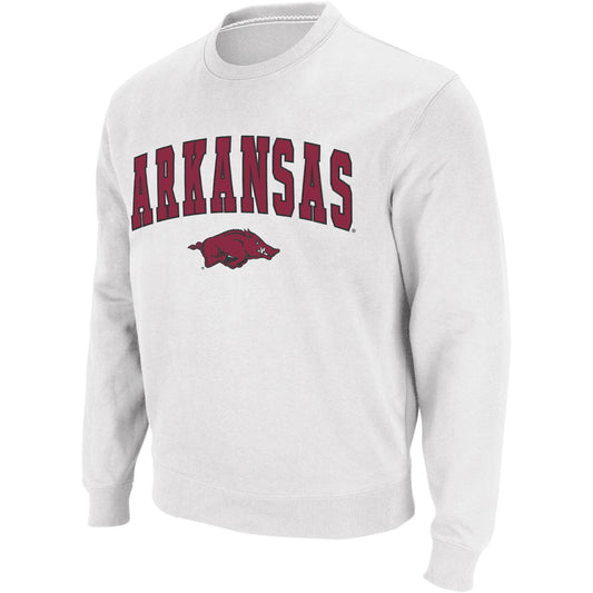 Men's Colosseum White Arkansas Razorbacks Arch & Logo Crew Neck Sweatshirt