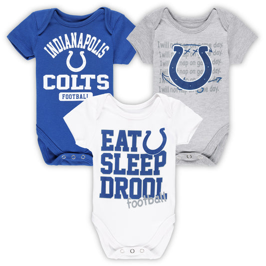 Newborn & Infant Royal/White Indianapolis Colts Eat Sleep Drool Football Three-Piece Bodysuit Set