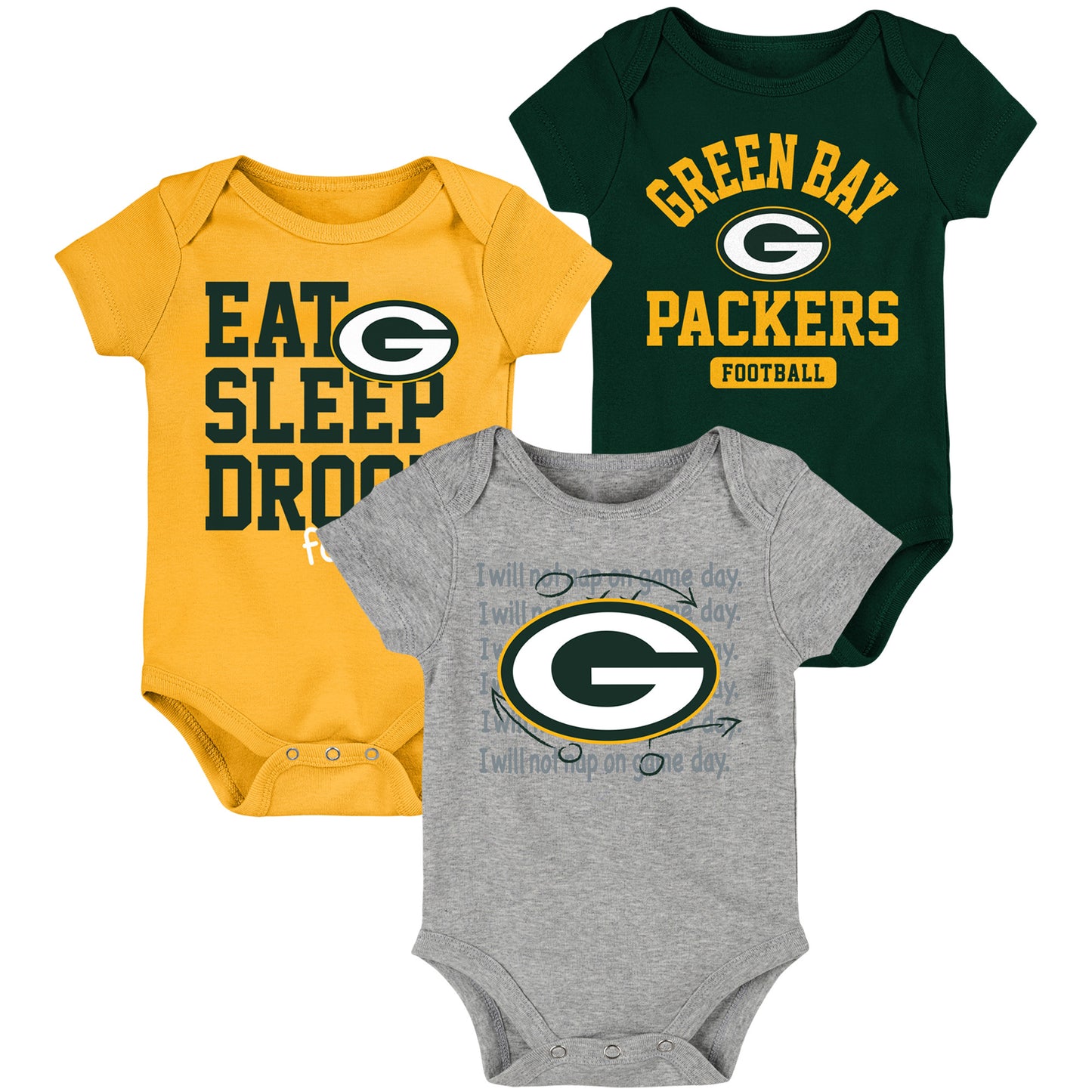 Newborn & Infant Green/Gold Green Bay Packers Eat Sleep Drool Football Three-Piece Bodysuit Set