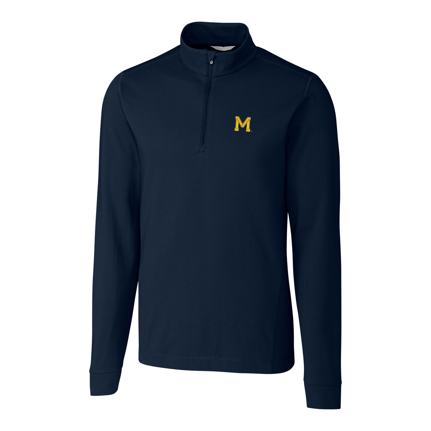 Men's Cutter & Buck Navy Michigan Wolverines Vault Advantage Quarter-Zip Mock Neck Sweater