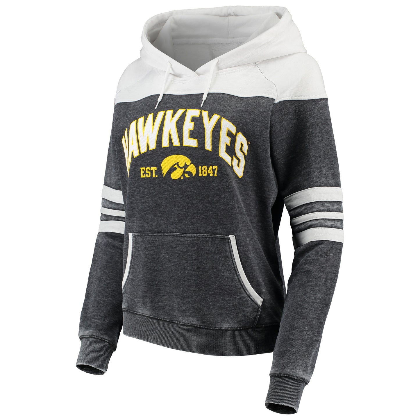 Women's Heathered Charcoal/White Iowa Hawkeyes Blitz Sleeve Striped Blocked Raglan Hoodie