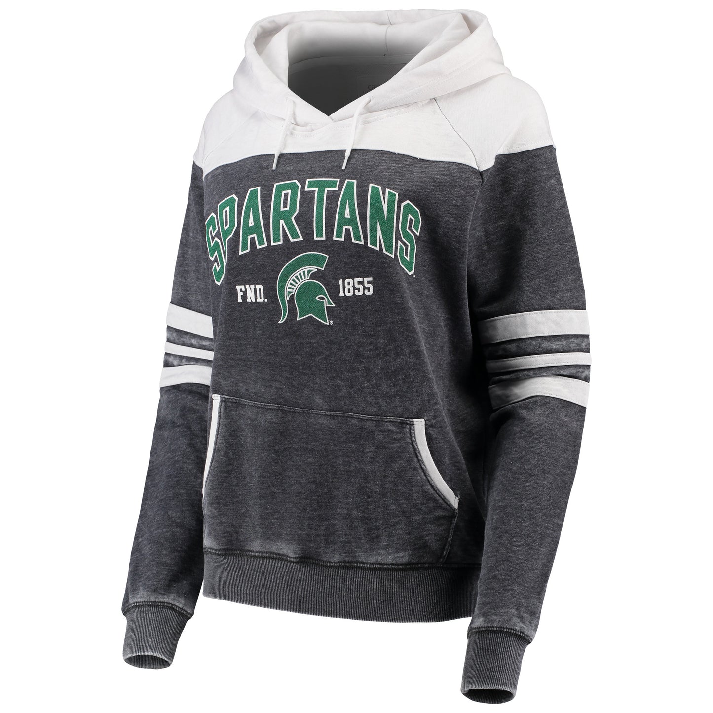 Women's Heathered Charcoal/White Michigan State Spartans Blitz Sleeve Striped Blocked Raglan Hoodie