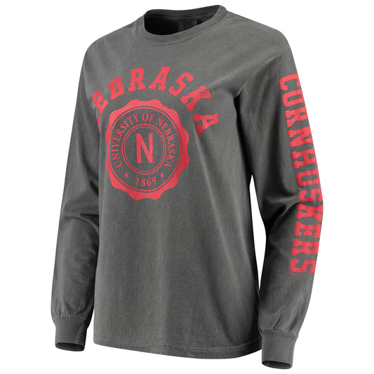 Women's Black Nebraska Huskers Oversized Comfort Colors University Seal Long Sleeve T-Shirt