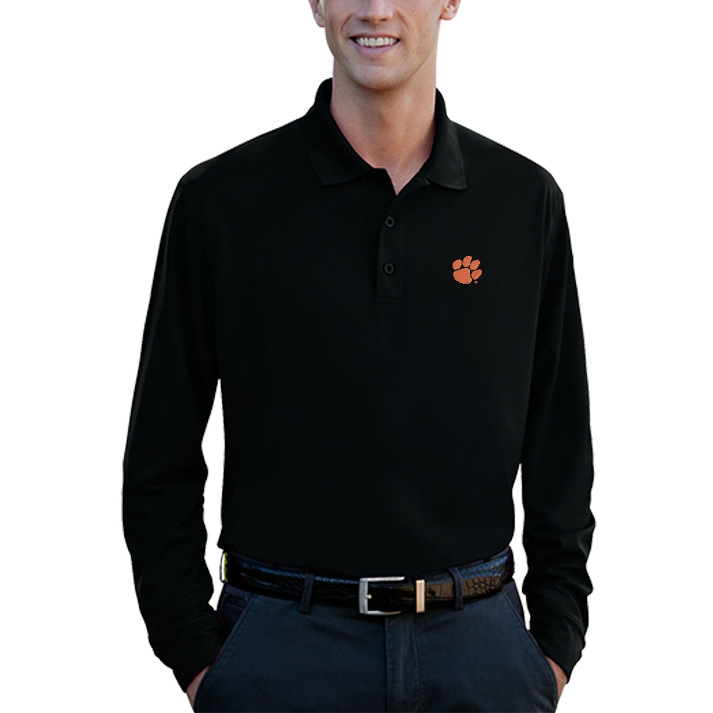 Men's Black Clemson Tigers Vansport Omega Long Sleeve Solid Mesh Tech Polo