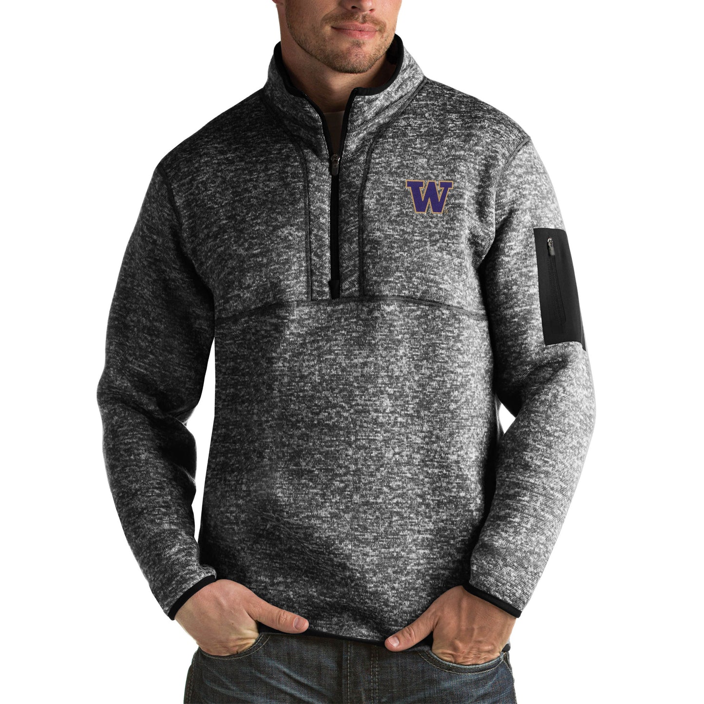 Men's Antigua Black Washington Huskies Fortune Big & Tall Quarter-Zip Pullover Jacket