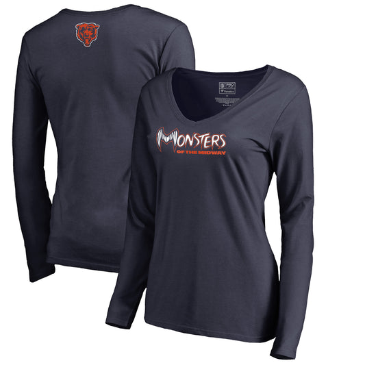 Women's NFL Pro Line Navy Chicago Bears Monsters Long Sleeve V-Neck T-Shirt