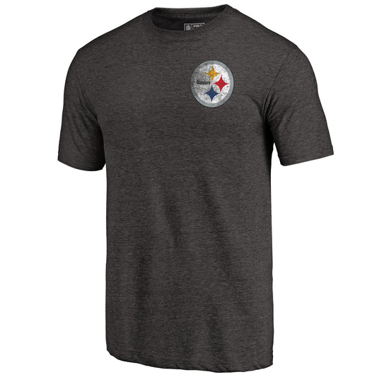 Men's NFL Pro Line Heathered Black Pittsburgh Steelers Primary Logo Left Chest Distressed Tri-Blend T-Shirt