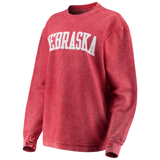 Women's Pressbox Scarlet Nebraska Huskers Comfy Cord Vintage Wash Basic Arch Pullover Sweatshirt