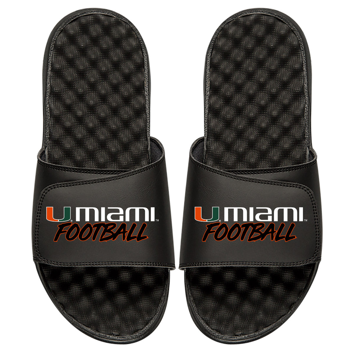 Men's ISlide Black Miami Hurricanes Football Stacked Slide Sandals